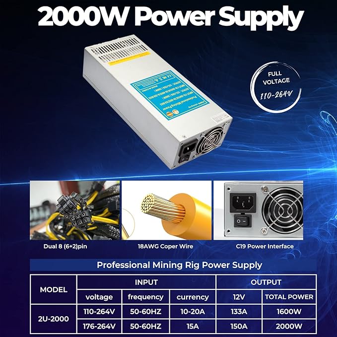 VTRETU 2000W Mining Power Supply 2U Miner PSU 110-264V for ETH Miner Machine, Support 8 GPU Mining rig, with 12000 RPM Powerful Fan (10 Connection Cables and 1 Power Cord