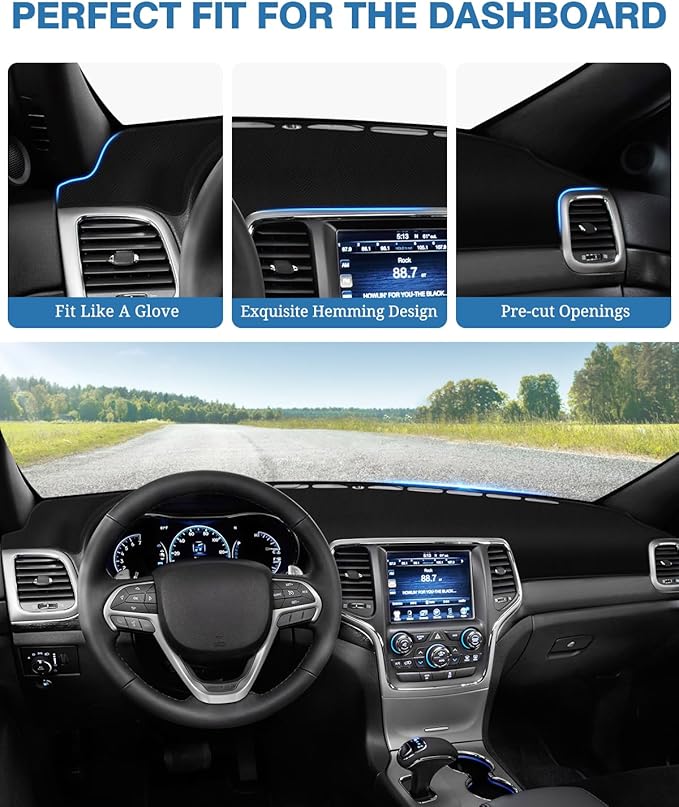 FIILINES Dash Cover for Jeep Grand Cherokee 2011-2021 (NOT for Jeep Cherokee Grand Cherokee L), Dashboard Mat Cover Car Accessories Sunshade Nonslip Mesh Protector No Glare Black