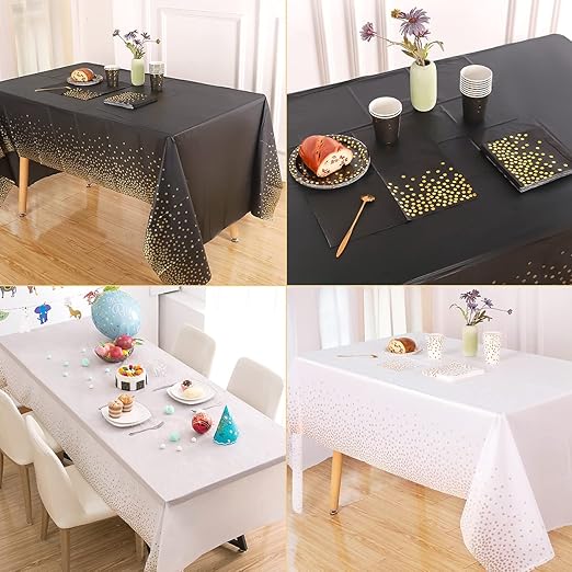 2 Packaging Black and Gold Plastic Tablecloth, 54 inch x108 inch Rectangular Disposable dot Party Table Cover, Suitable for Birthday, Graduation, Restaurant, Wedding Decoration Tablecloth