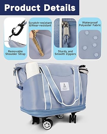 Rolling Duffle Bag with Detachable Wheels and Adjustable Shoulder Strap, Large Expandable Foldable Carry On Luggage Bag with Handle and Suitcase Sleeve, Weekender Bag for Travel Airplane 25L-55L