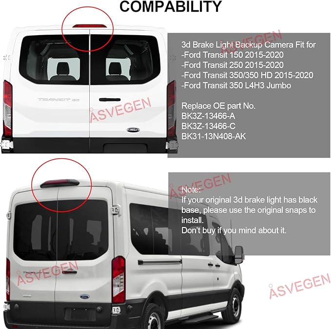 Third Brake Light Backup Camera Roof Mount Compatible with Ford Transit 150 250 350 350HD L4H3 2014-2019