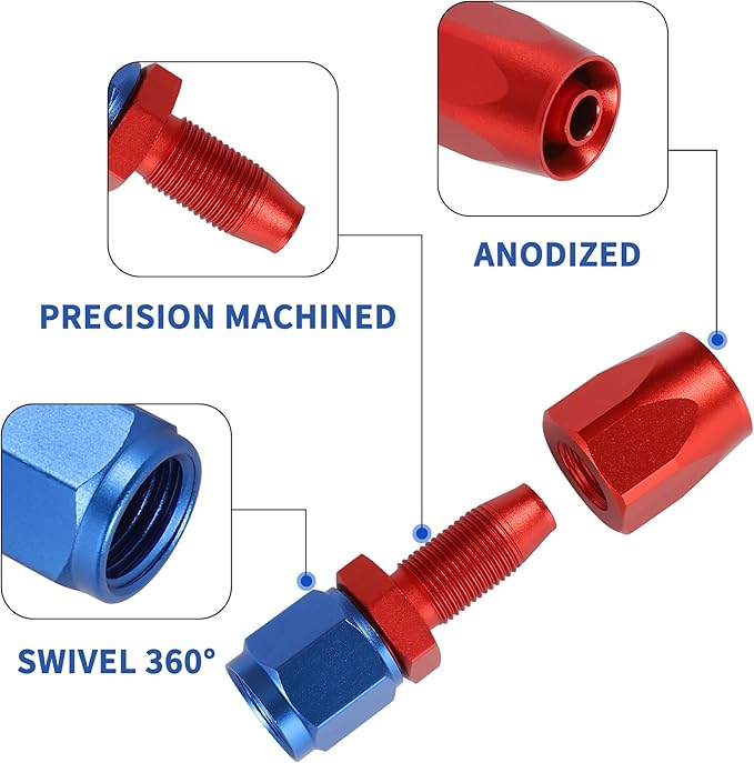 TOMALL 6AN Hose End Fitting Straight Swivel Aluminum 2PCS for Braided Fuel Oil Gas Line Hose End (RedBlue)
