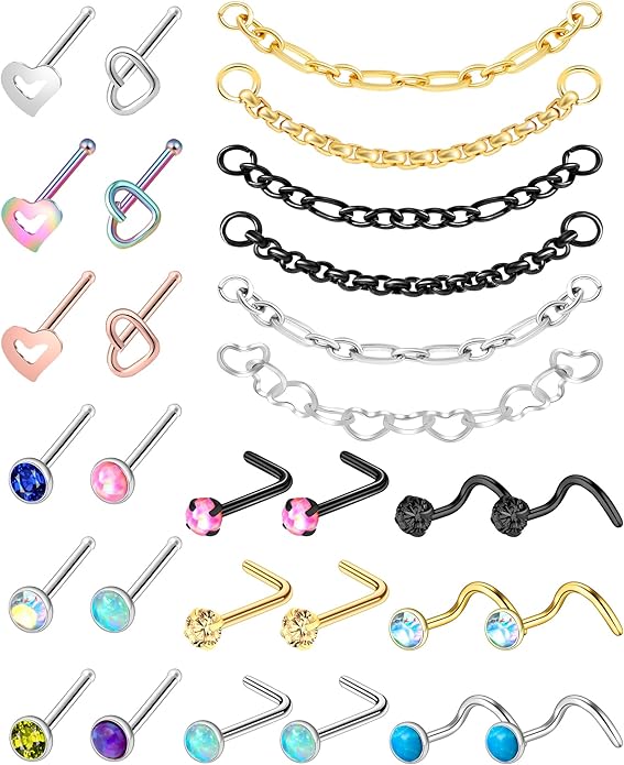 ONESING 9-40 Pcs 20G Nose Rings for Women Nose Piercings Jewelry Nose Rings Hoops L Shape Nose Studs Screw Hypoallergenic Nostril Surgical Stainless Steel Nose Rings Studs for Women Men