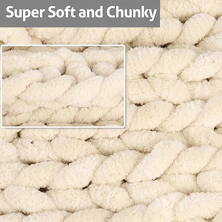 Chenille Chunky Knit Throw Blanket, Big Chenille Yarn Braided Crochet Throw Blanket: Handmade Soft Comfort for Couch Bed Sofa (Light Brown, 50"x60")