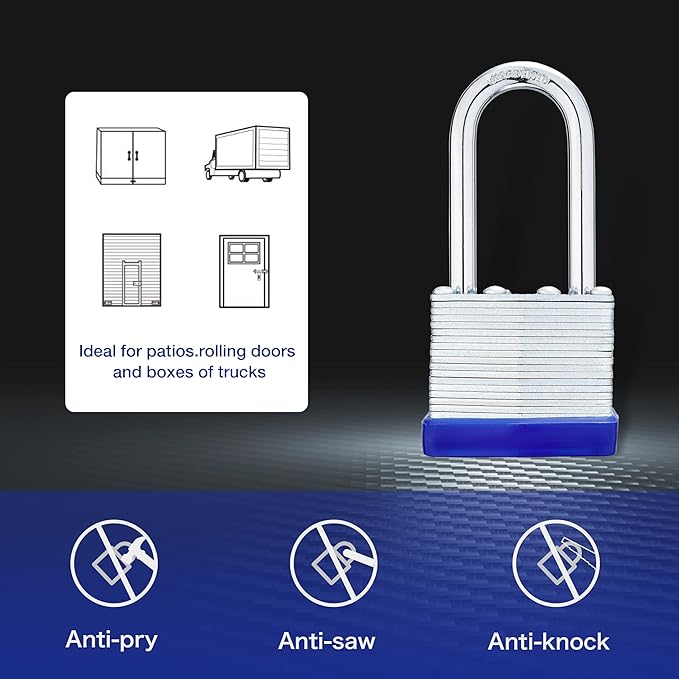 Lock Outdoor Padlocks, Laminated keyed Padlock, 1-9/16 in Wide Body, Padlock Set with Keys, Long Shackle (1Pack)