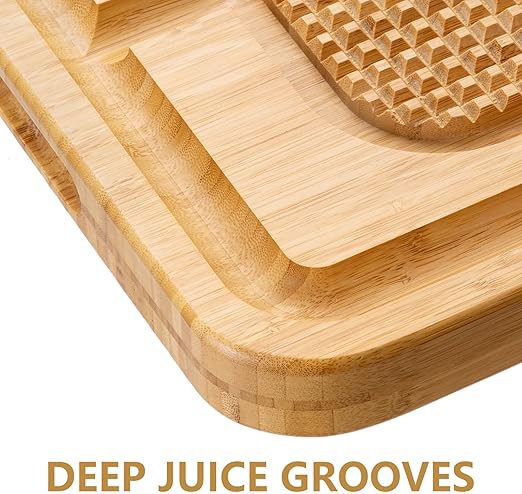 eletecpro Turkey Cutting Board with Grid Grip, Large 17x13x1.5 Inch Bamboo Steak Carving Board, Thick Butcher Block Reversible with Deep Juice Drip Grooves, Thick Serving Tray,Natural