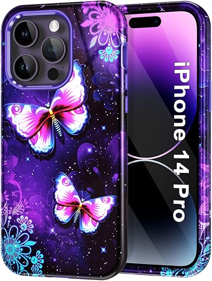 CASEFIV Compatible with iPhone 14 Pro Case,Marble Pattern 3 in 1 Heavy Duty Shockproof Full Body Rugged Hard PC+Soft Silicone Drop Protective Women Girls Cover for iPhone 14 Pro, Purple Butterfly