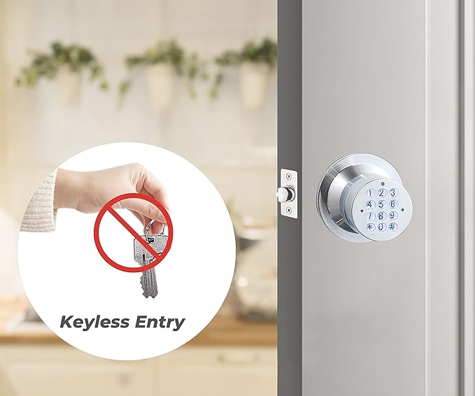 Keyless Electronic Entry Door Knob, Keypad Smart Door Knob, Interior Door Handle with Lock, Automatic Locking, Battery Backup, Backlight, Easy Installation, Great for Home, Hotel and Office