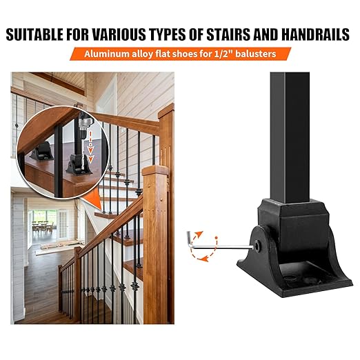 Wrought Iron Baluster Swivel Shoes -10 Pack - Aluminum Adjustable Railing Shoes for Staircase Interior with Screws for 12 Inch Square Balusters - Metal Staircase Spindle Shoes - Satin Black