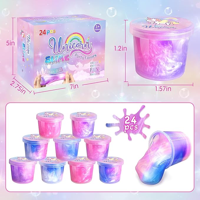 24 Pack Unicorn Slime Party Favors for Kids Slime Cup Bulk DIY Stress Relief Putty Toy Stretchy Non-Sticky Christmas Easter Birthday Goodie Bag Stuffer Classroom Reward for Girls Boys