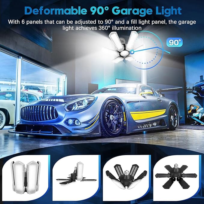 TANBABY Upgrade LED Garage Light, 150W Deformable Ceiling LED Shop Light, 15000LM E26E27 Garage Lighting with 61 Adjustable Panels Garage Bulb for Basement (1pack)