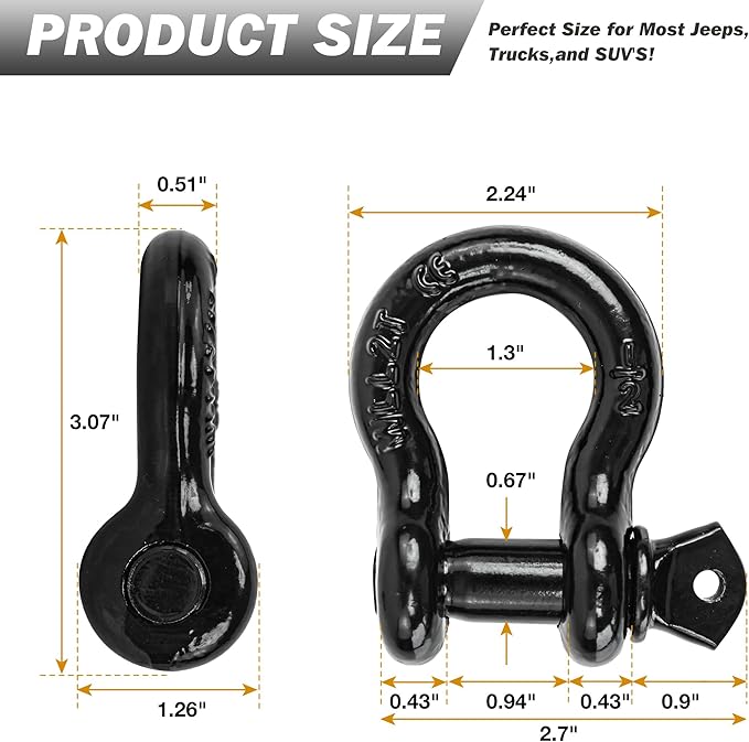 D Ring Shackles, 12" Clevis Shackle with 916" Screw Pin 26,400Ibs Break Strength, Rugged Off Winch Shackle Heavy Duty Shakcles (Black) Accessories for Jeep Pickup Trucks SUV Trailer ATV UTV