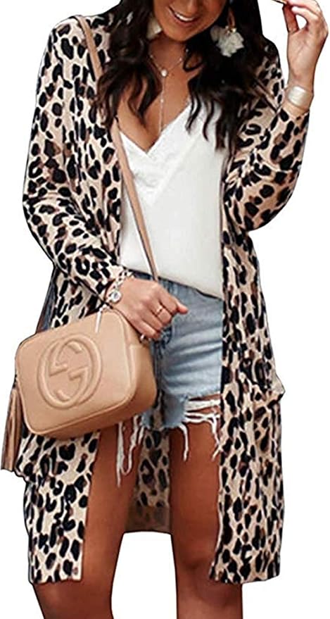 Womens Leopard Print Cardigan Lightweight Long Sleeve Open Front Fall Cardigans S-XXL