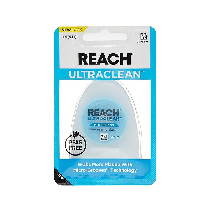 REACH Ultraclean Dental Floss, Mint, Plaque Remover for Teeth, Shred Resistant, Waxed, Easy on Gums & Teeth, Mint, Oral Care, PFAS Free, for Adults & Kids, 1 Pack, 30 yd