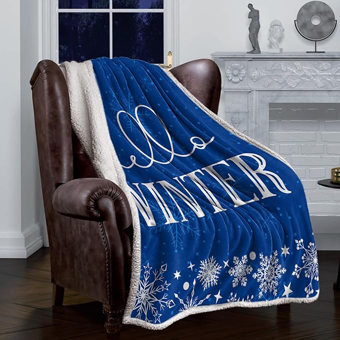 Cozy Christmas Throw Blanket for Couch Winter Reversible Sherpa Blanket Christmas Hello Winter Snowflakes Blue Throw Blankets for Sofa Bed,40x50 in Fleece Blanket