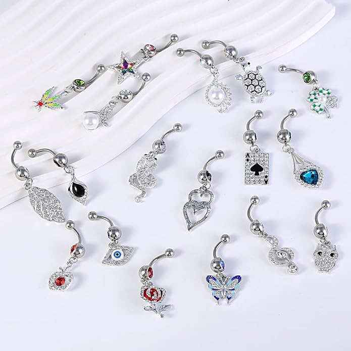 12Pcs-18Pcs Belly Button Ring 14G Dangling Dangle Belly Button Rings Navel Rings Piercing Jewelry for Women