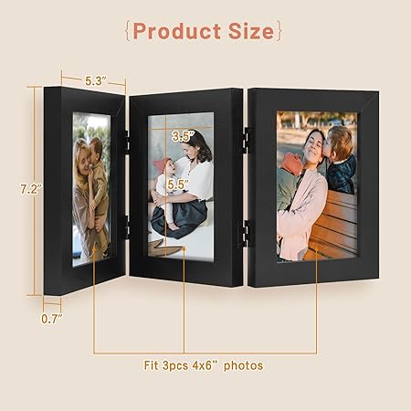 Golden State Art, 4x6 Three Picture Frame Trifold Hinged Photo Frame with 3 Openings, Desk Top Family Picture Collage, with Real Glass (4x6 Triple, Black, 1-Pack)