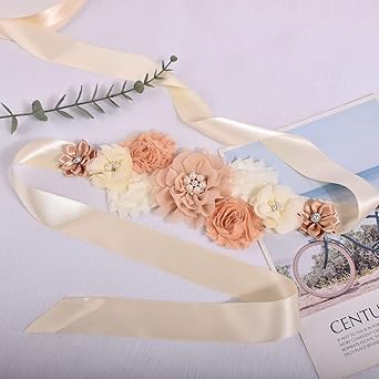 Flower Maternity Sash Belt, Wedding Bridal Belt Sash with Flower Rhinestone Pearl for Bride Bridesmaid Maternity Flower Dress (E)