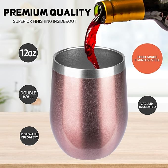 StarSpeed 12oz Wine Tumbler with lid, Stainless Steel Travel Mugs Stemless Double Wall Insulated Coffee Cup, Insulated Wine Glasses Travel Tumbler for Cold Hot Drinks(Rose Gold, 1)