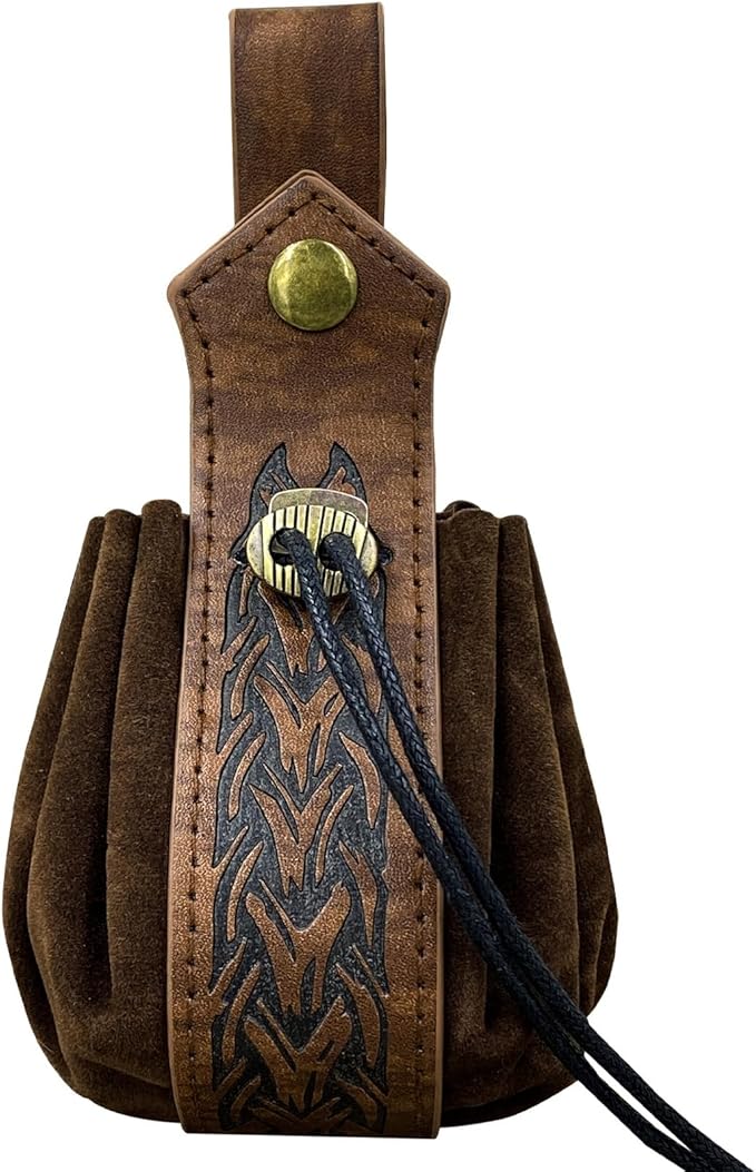 Medieval Faux Leather Pouch,Viking Belt Pouch,Retro Nordic Belt Pack,Portable Drawstring Purse,Dice Bag For Hiking Archery LARP Renaissance Faire Costume