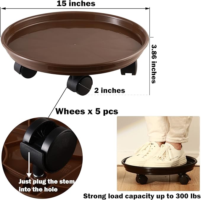Pack of 5 extra-large plant baskets with wheels, 15-inch rolling stands, sturdy plastic roller base, brown color