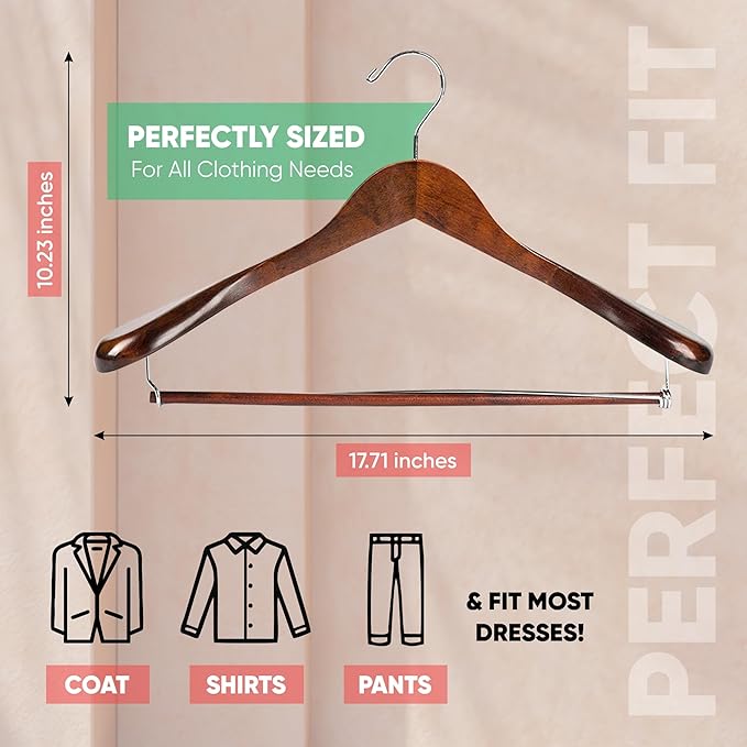 Suit Hangers for Men 6 Pack Wide Shoulder Hanger Smooth Finish Wooden Suit Hanger for Men and Women Coat Hangers 360 Swivel for Dress Jacket Non Slip Pant bar with Locking bar