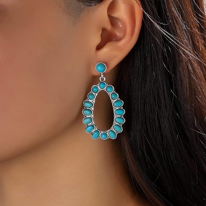 Boho Turquoise Oval Drop Dangle Earrings for Women Beaded Western Flower Teardrop Earrings Vintage Ethnic Alloy Pendant Jewelry Gift
