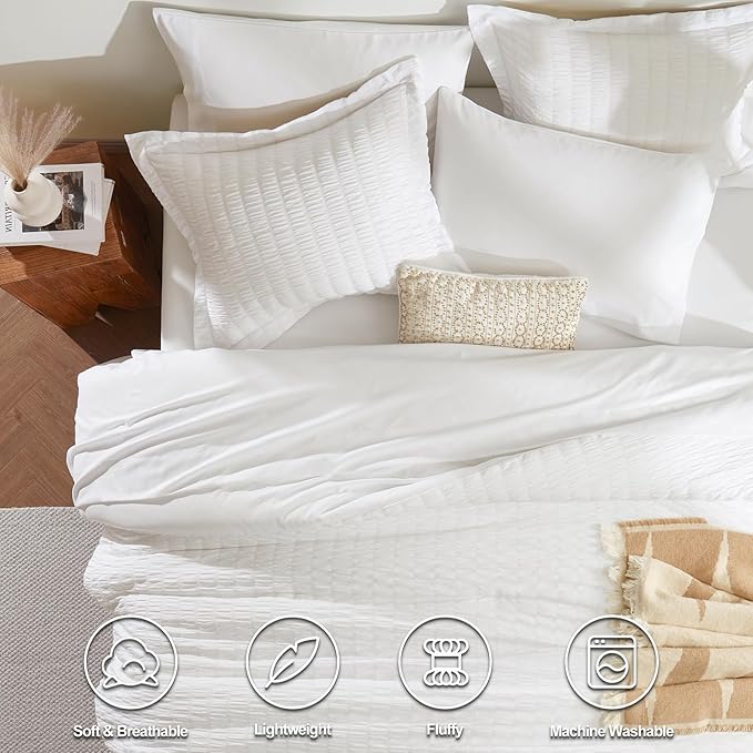 CozyLux King Comforter Set with Sheets White Seersucker Bed in a Bag 7-Pieces All Season Bedding Sets with Comforter, Pillow Sham, Flat Sheet, Fitted Sheet, Pillowcase