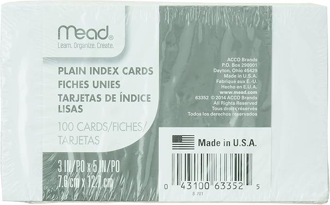 Mead Index Cards, Note Cards, Plain, 100 Count, 3" x 5", White (63352)