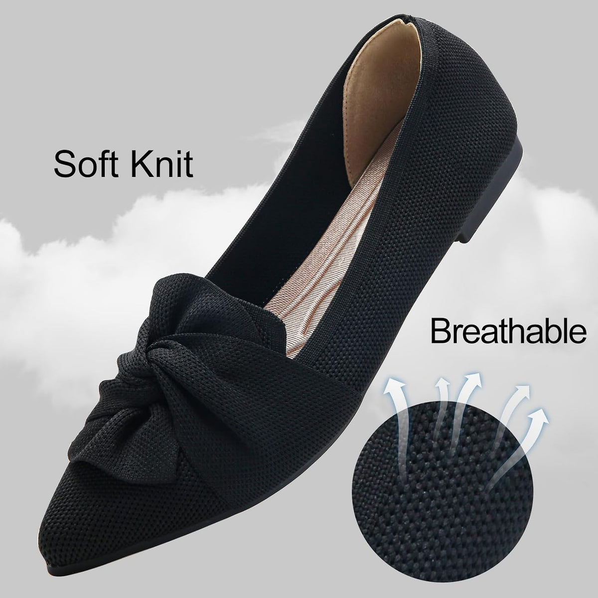 HIULYCENCE Flats for Women Pointed Toe Ballet Flats | Comfortable Knit Breathable Dressy Casual Flats with Bow for Business Work Office Walking Flat Shoes