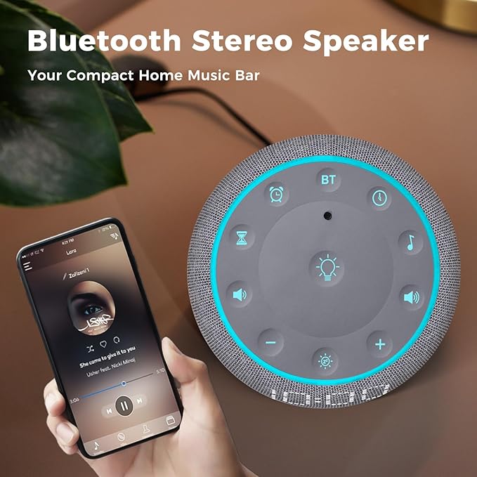 White Noise Machine Alarm Clock for Bedrooms - 5W Stereo Bluetooth Speaker - 24 Soothing Sounds - 9 Night Lights - Auto-Dimmable Digital Alarm Clock Sound Machine for Sleeping