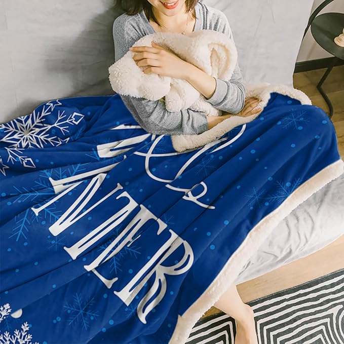 Cozy Christmas Throw Blanket for Couch Winter Reversible Sherpa Blanket Christmas Hello Winter Snowflakes Blue Throw Blankets for Sofa Bed,40x50 in Fleece Blanket