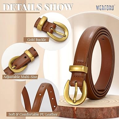 WERFORU Women Leather Belt for Jeans Pants Thin Belts for Women Fashion Waist Belt with Gold Buckle