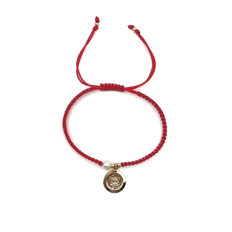 Handwoven Red Thread with Saint Michael Archangel Medal and Cultured Fresh Water Pearl - Catholic Protection Bracelet Adjustable Size for Women