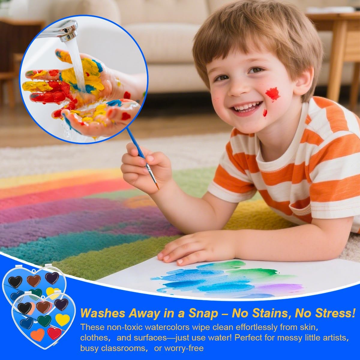 ARTLYMERS Watercolor Paint Set, 2 Pack Heart Water Color Paint Sets for Kids with Paintbrush Washable, Valentines Gifts Art Supplies for Preschool Classroom Party Favor Prizes Exchange