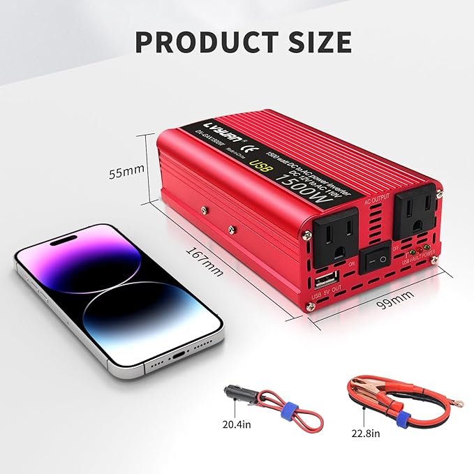 Power Inverter 700W/1500W (Peak) Dual AC Outlets and USB Charging Port DC 12V to 110V AC Car Converter Inverter for Home Car RV Truck Camping