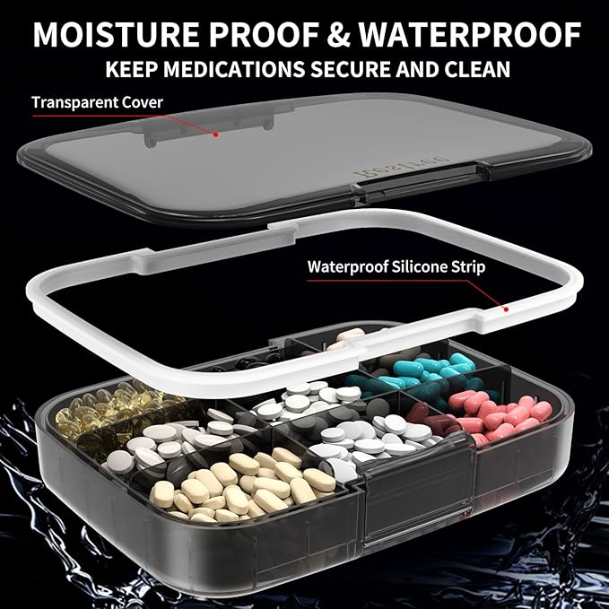 Restree Large Pill Organizer, Daily Pill Box, Portable Medicine Dispenser, Moisture-Proof Travel Pill Case for Vitamin, Medicine, Fish Oil/Supplements 9 compartments (Black)
