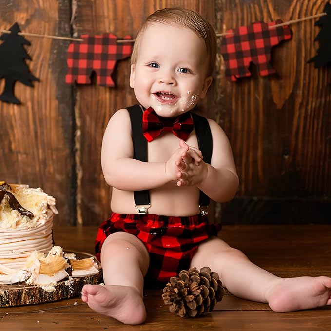 Lumberjack Cake Smash Outfit for Baby Boys Wild One Birthday Party,Diaper Cover Bloomer Bow Tie Suspenders Boys 1st Birthday Buffalo Plaid Milestone Photoshoot Supplies