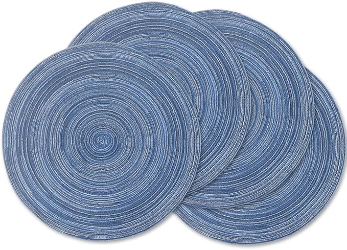 homEdge Round Placemat, Set of 4 Braided Washable Table Mats 15 Inches-Blue
