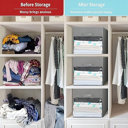 Foldable Storage Cubes Set of 2 Non-Woven Fabric Clothes Organizer with Handles Collapsible Storage Bins Clear Front Window Open-Top Storage Boxes for Shelf Closet(28 28 28cm,Grey)
