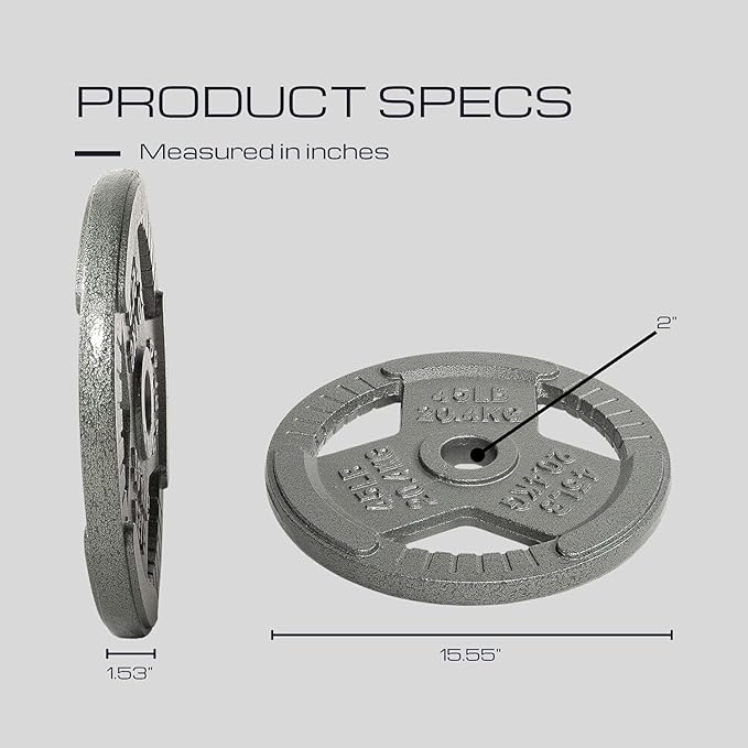 HulkFit 1 inch or 2 inch Cast Iron Weight Plate Set with Multi-Grip Handles and Enamel Coated for Barbells & Strength Training - Grey