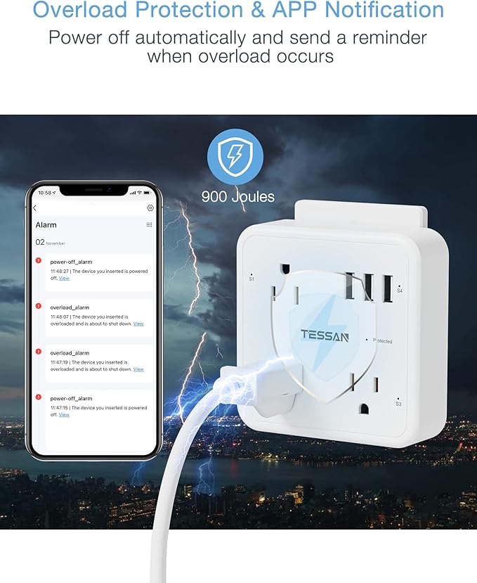 Smart Plug Outlet Extender Compatible with Alexa Google Home, TESSAN WiFi Multi Plug with 3 Smart Outlets 3 USB Ports, Wall Surge Protector Power Strip 900J for Indoor, Voice and Smartlife Control