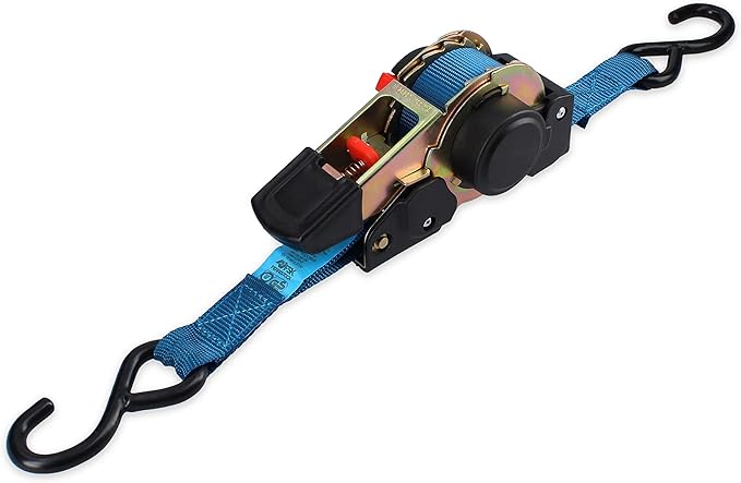 FSKCOS002 Tie Down Strap with Ratchet, Reinforced Steel Hooks and Automatic Pick Up System, Blue