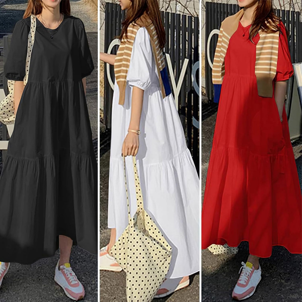 Momuk Women's Maxi Dresses Summer Casual Crewneck Short Sleeve Sundress Elegant Classy Beach Vacation Ladies Dresses