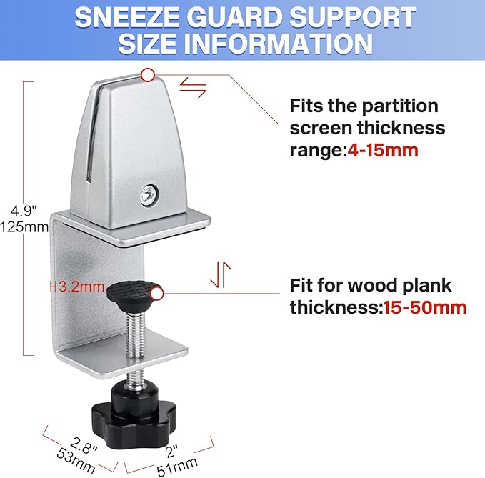 2 Packs Sneeze Guard Support, Aluminum Adjustable Partition Clamp, Acrylic Desk Divider Support, Desk Shield Clamp Privacy Panel for Counter