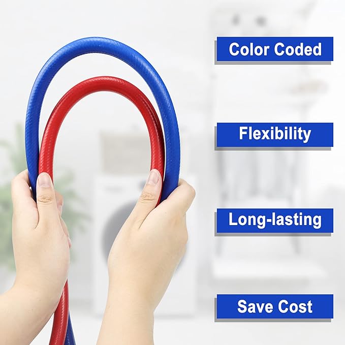 2 PACK Rubber 6FT Washing Machine Hoses Burst Proof Red and Blue Coded Washer Hoses for Hot and Cold Water 34" Connection Water Supply Lines by Fetechmate
