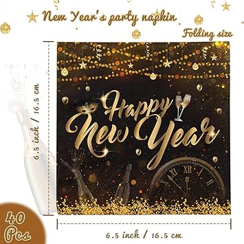 New Years Eve Napkins-40pcs Happy New Year Decoration 2025 Set happy new year napkins Black and Gold Paper Napkins for 2025 New Year Party Supplies
