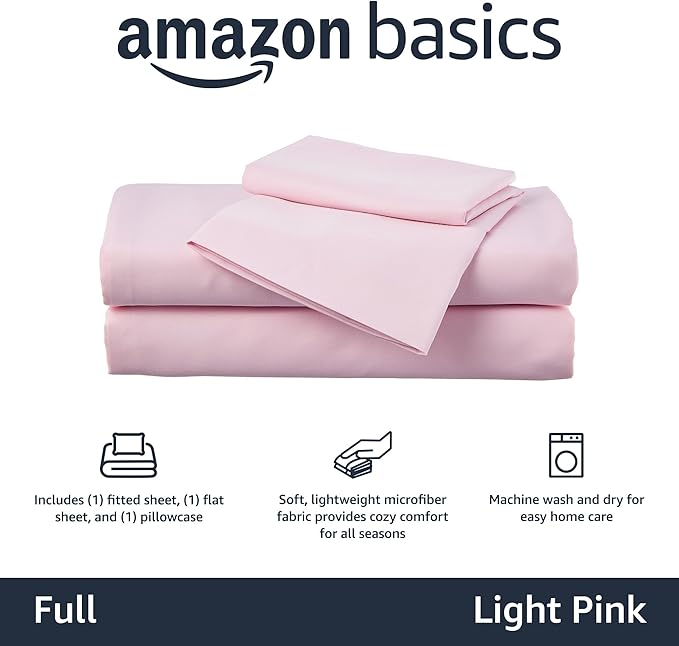 Basics Kid's Soft Easy-Wash Lightweight Microfiber 4-Piece Sheet Set, Full, Light Pink, Solid