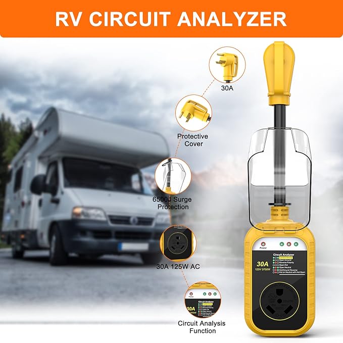RV Surge Protector 30 Amp, RV Surge Protector with UL Certified, Waterproof Cover, Circuit Analyzer Power Guard for RV, Camper, Trailer -6500 Joules