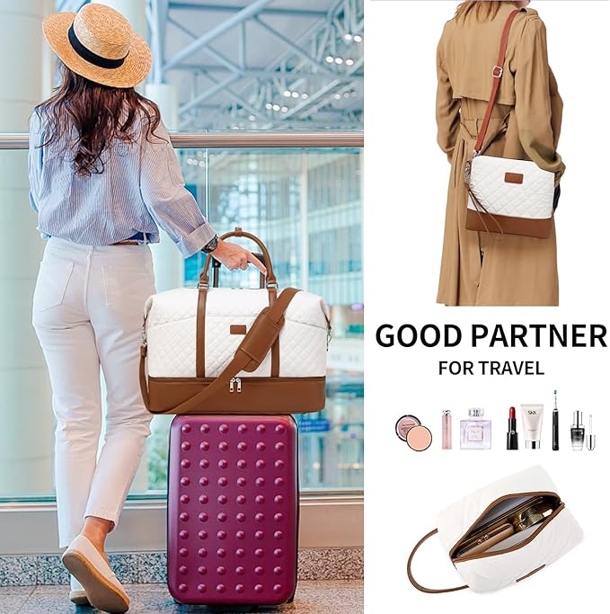 Weekender Bags for Women with Toiletry Bags Large Overnight Bags Travel Duffel Bag Carry On Shoulder Weekend Tote with Shoe Compartment and Wet Pocket for Girls Airplane Traveling, Gym